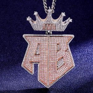 Collier pendentif couronne style hip-hop en or rose serti de diamants, lettre AB, bijoux en diamants naturels pour unisexe - Product Image 3
