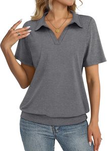 Polo de punto de manga corta rosa liso para mujer, de longitud regular, teñido liso, camiseta polo de moda, OEM ODM - Product Image 6
