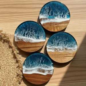 Handmade <b>Epoxy</b> Resin Ocean Wave Coaster Set Round Drink Mat <b>Coffee</b> Tea <b>Table</b> Pad - Product Image 3