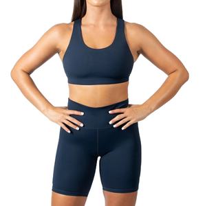 Women's Navy Blue 2-Piece Yoga Set Scoop Neck Racerback <b>Crop</b> <b>Top</b> High Waist <b>Shorts</b> Seamless Breathable Activewear - Product Image 1