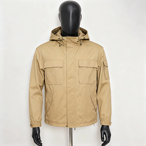 Chaqueta Cortavientos con Capucha para Hombre, Color Verde Oliva, Corte Regular, Estilo Casual, Color Sólido, Múltiples Bolsillos, Tejido de Poliéster, Estilo Otoñal - Product Image 2