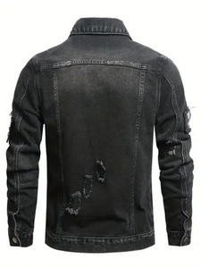 Chaqueta Casual de Mezclilla Negra para Hombre, Cuello Alto, Estilo Jeans Desgastados, para Primavera y Otoño, Corte Estándar, Algodón Lavado, Estilo Vintage - Product Image 2