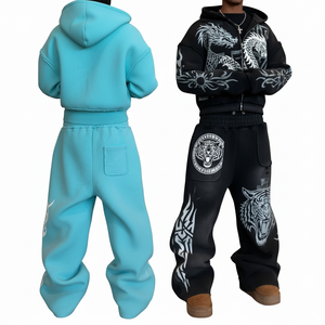 Ensemble de survêtement unisexe à capuche imprimé dragon turquoise, coupe ample avec fermeture éclair intégrale, style streetwear oversize avec poches latérales - Product Image 6