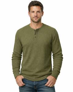 Camiseta Térmica de Manga Larga para Hombre, Estilo Henley, Color Verde Oliva, Cuello con Botones, Prenda Casual de Invierno, Algodón, Corte Ajustado, Tejido Transpirable - Product Image 1