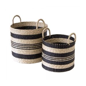 Handmade Woven Seagrass <b>Storage</b> <b>Basket</b> Set Modern Black & White Striped Decorative Organizer For Home Living Room Laundry Decor - Product Image 1