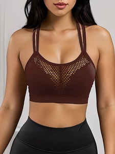 Seamless Moisture Wicking Sports Bra Mesh Detailing Dual Spaghetti Shoulder Strap <b>Cross</b> Back Design Pullover Crop <b>Top</b> - Product Image 1