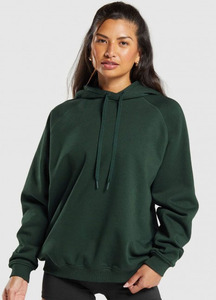 Sudadera con Capucha para Mujer, Color Verde Oscuro, Manga Larga, Corte Holgado, Estilo Casual, Color Sólido, 100% Algodón, Peso Medio, para Otoño - Product Image 1