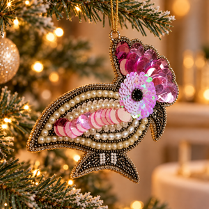 Décoration de Noël artisanale moderne en soie brodée de perles et de sequins Zari, design personnalisable, tissu multicolore drapé - Product Image 2
