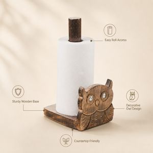 Porte-serviettes en papier en bois sculpté à la main en forme de hibou, support de rouleau de cuisine moderne sur pied, organisateur décoratif de comptoir pour usage domestique - Product Image 2