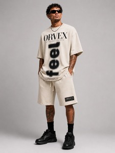 Conjunto de Camiseta y Pantalones Cortos Extra Grandes de Color Sólido Personalizado OEM ODM para Hombre, 2 Piezas, Ropa Urbana Ecológica, Peso Medio, 100% Algodón Transpirable - Product Image 3