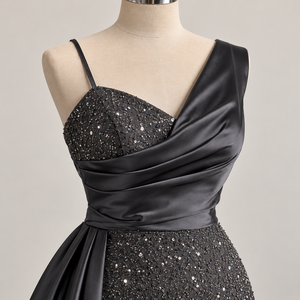 Robe de soirée moderne asymétrique en satin à sequins, longueur ras du sol, coupe princesse, épaules dénudées, antistatique, pour cérémonies et soirées formelles - Product Image 5