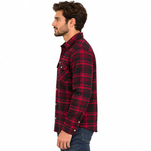 Chemise en flanelle à carreaux rouge et noir pour homme, manches longues, boutonnée, avec poches poitrine - Product Image 5