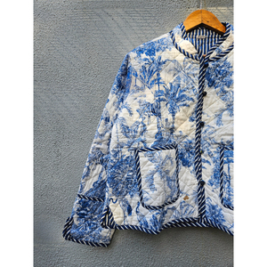 Handmade Blue White Floral <b>Quilted</b> Cotton <b>Jacket</b> Reversible Padded Coat with Pockets for Women Mandarin Collar gift for her - Product Image 2