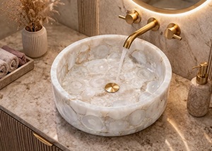 Luxury White Agate Stone Handmade <b>Round</b> Vessel <b>Basin</b> Eco-Friendly Modern Bathroom Sink for Hotel & Home Interior - Product Image 2