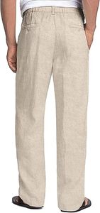 Men's 100% Linen Straight Leg Casual Pants <b>Elastic</b> Waist Drawstring Breathable Lightweight Summer Trousers With Pockets - Product Image 3