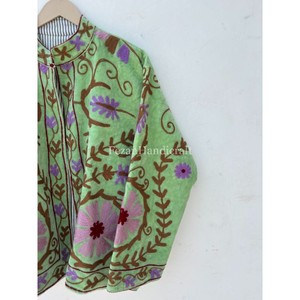 Green Velvet Quilted Jacket with Uzbek Floral Embroidery Cotton Lining Boho Chic Women's Casual Quick Dry Spring/Autumn/Winter - Product Image 2