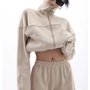 Women Navy Blue Tracksuit Set Full Sleeve Turtleneck Zipper Closure Loose Fit Solid Color Casual Breathable 100% Cotton - Product Image 4