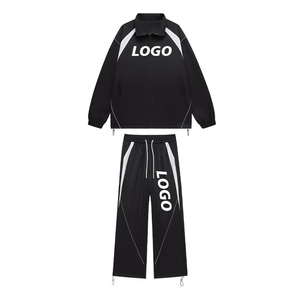 Unisex Black Tracksuit Set Full Sleeve Zipper Front Logo Print Sporty Loose Fit Autumn Wear Adults Quick Dry Polyester Material - Product Image 1