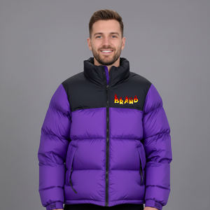 New Arrival 2026 Men's Purple Puffer Jacket With Flame Logo Windproof <b>Thick</b> <b>Winter</b> <b>Coat</b> Casual Style Zipper Closure Stand Collar - Product Image 1