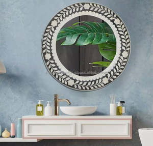 Marco de espejo redondo con incrustaciones de hueso hecho a mano para decoración de pared, espejo de acento de estilo con patrón floral y Diseño Artesanal indio - Product Image 3