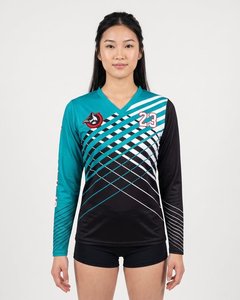 เสื้อวอลเลย์บอลหญิงคุณภาพสูงแบบซับลิเมชั่น แขนยาว สีเขียวอมฟ้า-ดำ ลายเรขาคณิต สำหรับทีมกีฬา แห้งเร็ว - Product Image 1