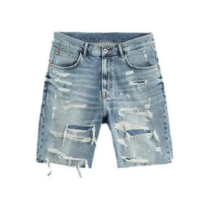 Shorts en jean déchiré slim fit pour homme, taille à cordon, style décontracté en coton, noir - Product Image 5
