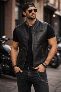 Men's Leather Vest Black Genuine Leather <b>Biker</b> Style Zip Up Casual Motorcycle Wear Premium Motorcycle Riding Vest - Product Image 3