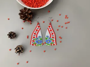 TRENDING USA Tribal seed bead fringe earrings - Traditional Ukrainian red ornament blue <b>flower</b> earring FOR WEDDING - Product Image 6