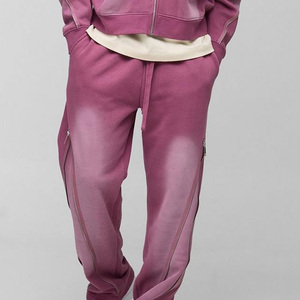 Ensemble de survêtement décontracté rose délavé à l'acide pour homme, avec veste à capuche et fermeture éclair latérale, et pantalon de survêtement assorti - Product Image 3