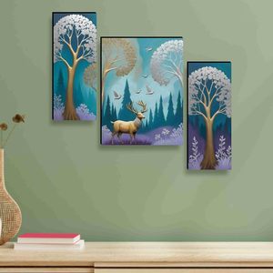 Ensemble de 3 tableaux muraux sur toile avec paysage naturel moderne, cerfs et arbres, pour décoration de salon, rectangulaires, sans cadre - Product Image 2