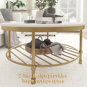 Modern <b>Coffee</b> <b>Table</b> with Open Storage Shelf Industrial <b>Rustic</b> Accent Center <b>Table</b> with Marble White Wooden Top Gold Metal - Product Image 3