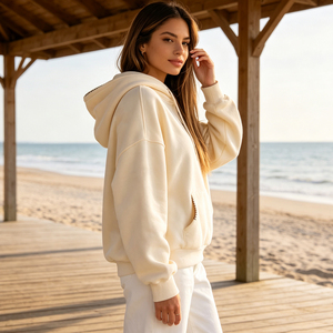 Sweat-shirt à capuche surdimensionné pour femme, couleur crème, avec broderie étoile léopard, manches longues, en coton tricoté, pull pour l'automne - Product Image 4