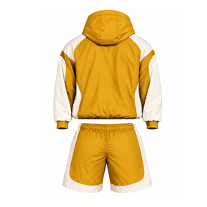 Mens Mustard Yellow Neutral Nylon Quarter <b>Zip</b> Hoodie <b>Shorts</b> Set Colorblock Lightweight Athletic Training Casual Sportswear - Product Image 2