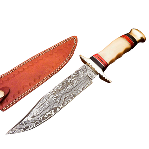 Cuchillo Bowie de Acero de Damasco Hecho a Mano con Mango de Hueso Crema, Detalles Rojo Marrón y Hoja con Patrón Plateado, Cuchillos de Caza de Hoja Fija - Product Image 6