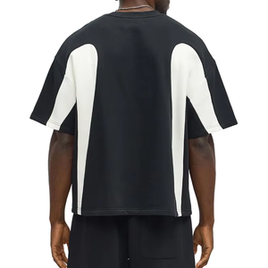 Camiseta Negra Oversize para Hombre con Bloques de Color y Ribete en Contraste Blanco, Manga Corta, Cuello Redondo, Tejido Casual - Product Image 3