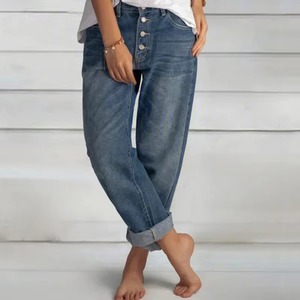 Jeans de mezclilla de cintura alta de pierna recta para mujer, sin etiqueta, a la moda, al por mayor - Product Image 4