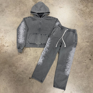 Ensemble de survêtement gris personnalisé DTG pour homme, sweat à capuche zippé et pantalon de jogging, imprimé graphique, streetwear, deux pièces, décontracté, OEM - Product Image 1