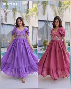 New Variety Mal-Chanderi with <b>Beads</b> Embroidery work Readymade Flared Frill-Border Gown Woman Fashion Manufacturer - Product Image 2