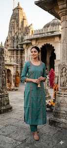 Women Cotton Kurti Ankle Length Traditional Indian Pakistani Casual Wear Green With Red Embroidery Regular Fit Fancy Work Kurtis - Product Image 6