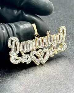 Pendentif personnalisé en moissanite, pendentif personnalisé plaqué or, bijoux hip-hop, double cœur, pendentif lettre personnalisée, cadeau - Product Image 1
