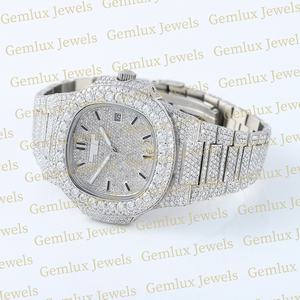 Esfera de cojín de alta calidad, fecha automática, acero inoxidable blanco completo, completamente helado, reloj de diamantes D VVS Moissanite para hombres - Product Image 3