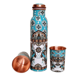Bouteille d'eau en cuivre imprimée attrayante, bouteille d'eau pour le yoga, meilleur design ayurvédique, récipient en cuivre anti-fuite - Product Image 5