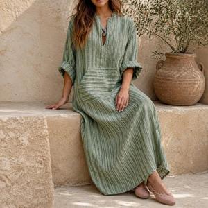 Robe maxi en lin et coton rayée à col en V, style bohème décontracté pour l'été, manches trois quarts avec poches, prix de gros - Product Image 3