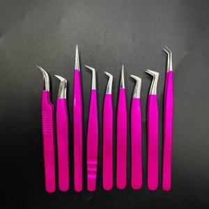 Pince à épiler pour extensions de cils Rabia Miraal Industries, 9 pointes différentes, en acier inoxydable, revêtement poudré rose foncé, pointe argentée - Product Image 1