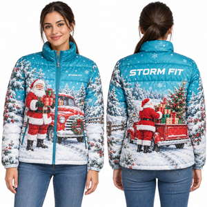Chaqueta acolchada navideña azul de Papá Noel para mujer, con tela satinada, estampado por sublimación, cremallera frontal. - Product Image 3