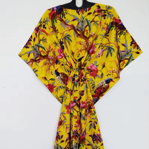 Robe kaftan en coton indien faite à la main, imprimé oiseaux, kimono léger et confortable, vêtement de plage pour femmes - Product Image 1