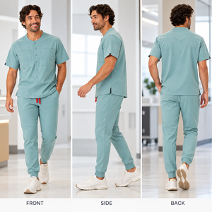 Conjunto de Uniforme Médico Unisex de Algodón y Poliéster Color Verde Azulado, Manga Corta, Cuello Alto, Botones al Frente, Pantalones Tipo Jogger, Uniforme de Hospital - Product Image 3