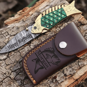 Cuchillo plegable de acero de Damasco 58HRC con hoja recta y punta caída, mango de madera y hueso, calidad industrial, cuchillo de camping, regalo para el compañero/a de vida. - Product Image 1