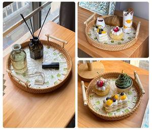 Bandeja con Incrustaciones de Madreperla, Decoración Boho, Bandeja de Mimbre y Ratán con Base de Madera para Frutas, Desayuno, Mesa de Café, Artesanía Vietnamita - Product Image 6