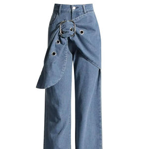 Jean en denim taille haute à jambe large pour femme, asymétrique, drapé, en coton délavé, longueur intégrale, décontracté, pour le printemps - Product Image 3